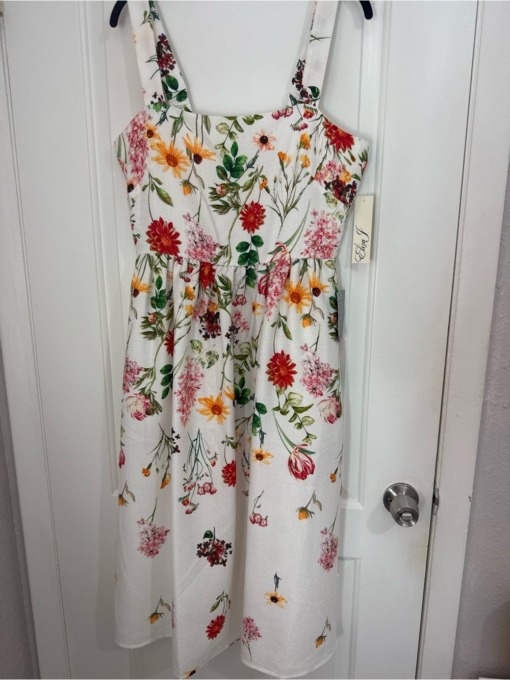 Eliza J Floral Smocked Midi Dress NWT White Square Neck Pockets Sundress Summer